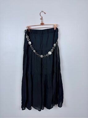 NWT Passport black boho silver belted ankle length maxi skirt size large